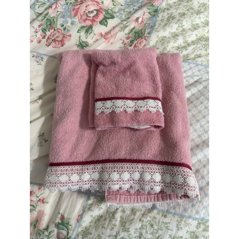 Vintage Dundee Bath Towel Set Pink Lace Cotton Blend 80s 90s Pair Ruffle
